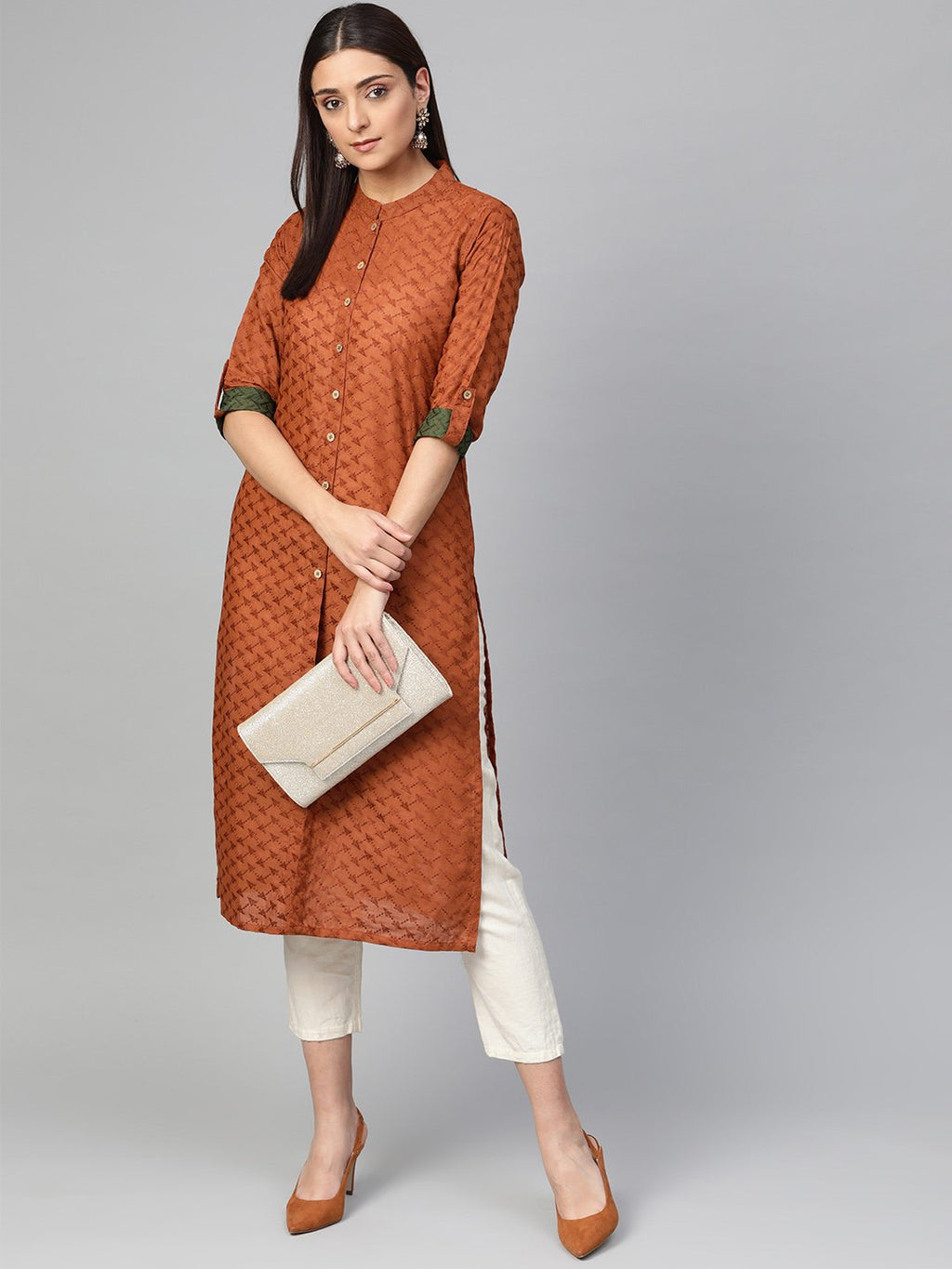Jompers Women Rust Brown Embroidered Straight Kurta - Distacart