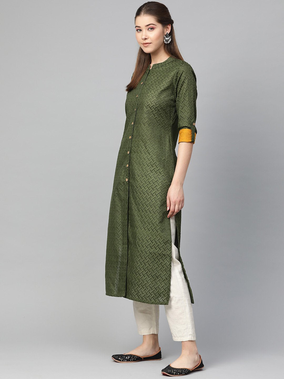 Jompers Women Olive Green Woven Design Straight Kurta - Distacart