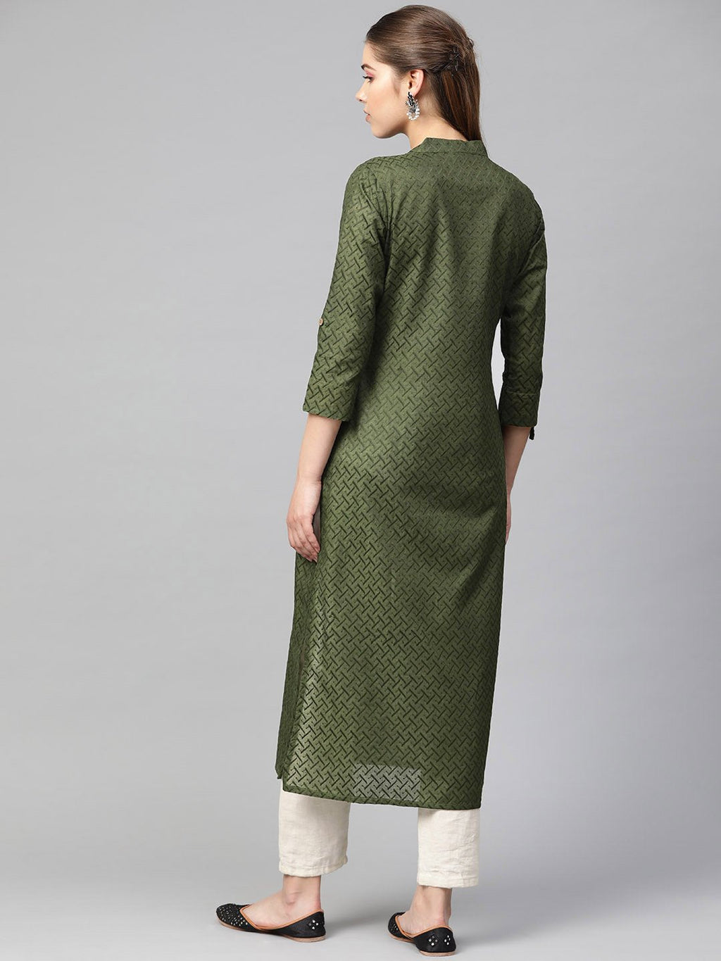 Jompers Women Olive Green Woven Design Straight Kurta - Distacart