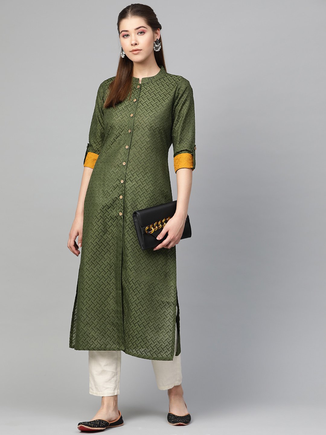 Jompers Women Olive Green Woven Design Straight Kurta - Distacart
