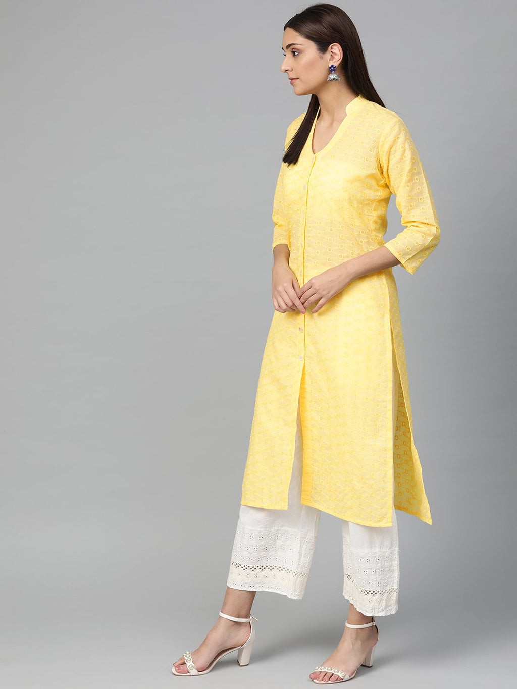 Jompers Women Yellow Chikankari Embroidered Semi-Sheer Straight Kurta - Distacart