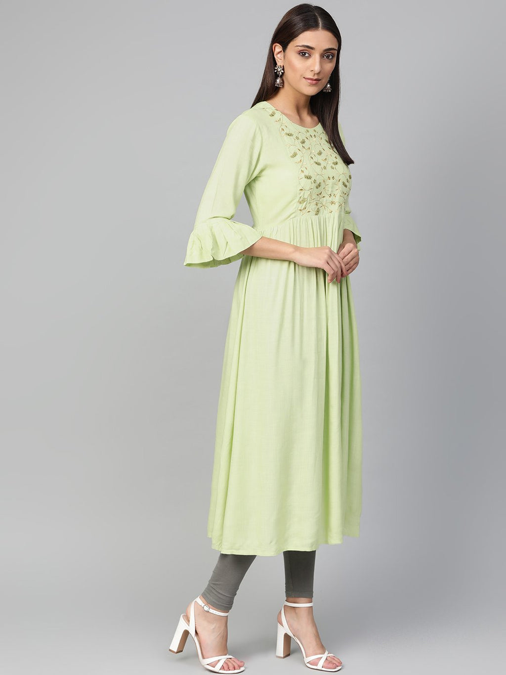 Jompers Women Green & Golden Yoke Design A-Line Kurta - Distacart