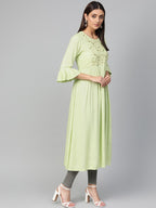 Jompers Women Green & Golden Yoke Design A-Line Kurta - Distacart