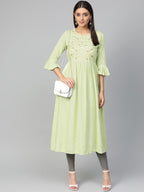 Jompers Women Green & Golden Yoke Design A-Line Kurta - Distacart