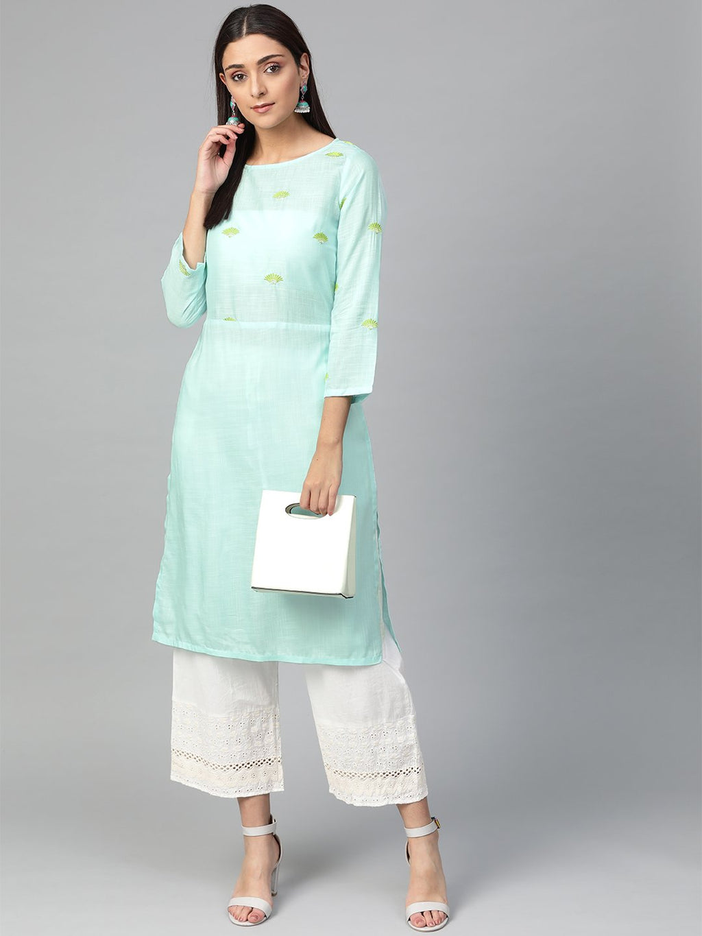 Jompers Women Blue Yoke Design Straight Kurta (Aqua) - Distacart