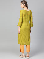Jompers Women Green Yoke Design Straight Kurta ( Olive ) - Distacart