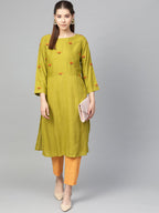 Jompers Women Green Yoke Design Straight Kurta ( Olive ) - Distacart