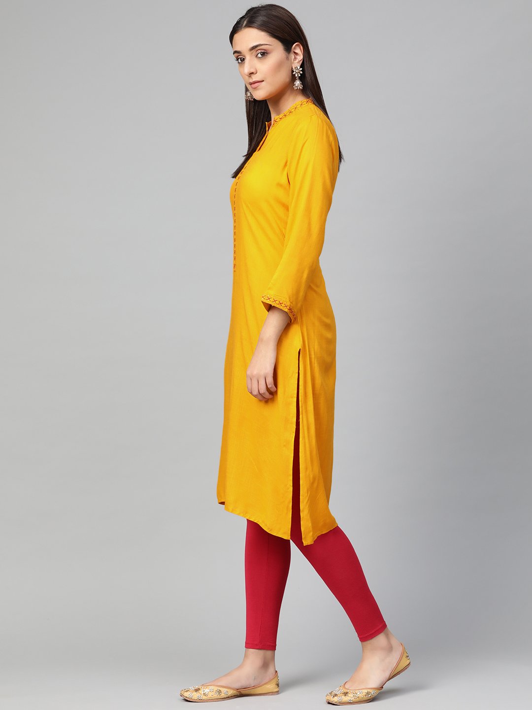 Jompers Women Mustard Embroidered Straight Kurta - Distacart