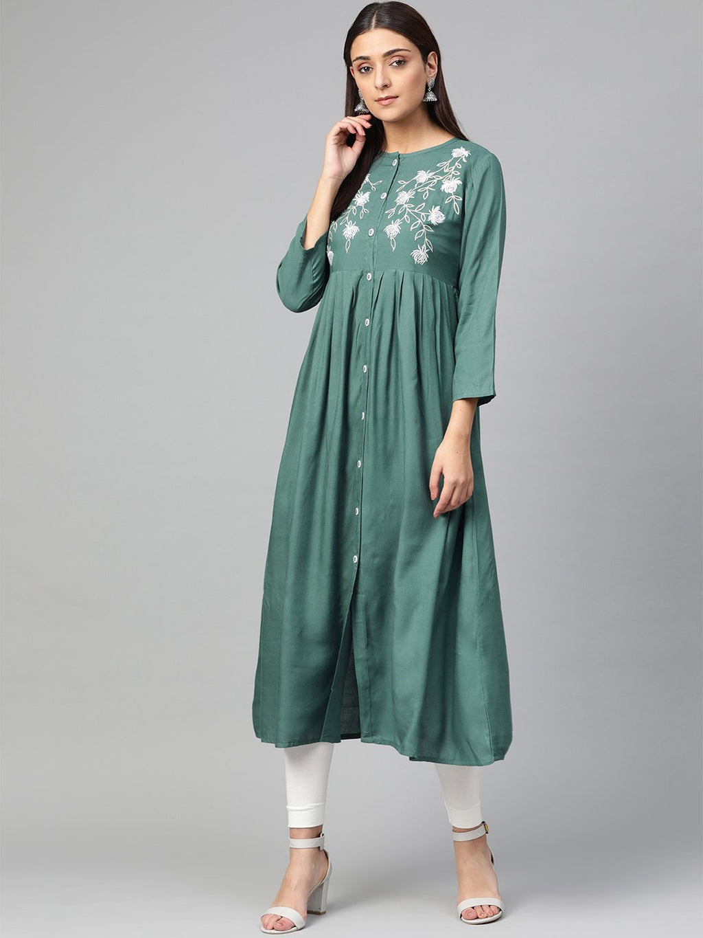 Jompers Women Green & White Yoke Design A-Line Kurta (Teal) - Distacart