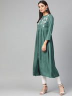 Jompers Women Green & White Yoke Design A-Line Kurta (Teal) - Distacart