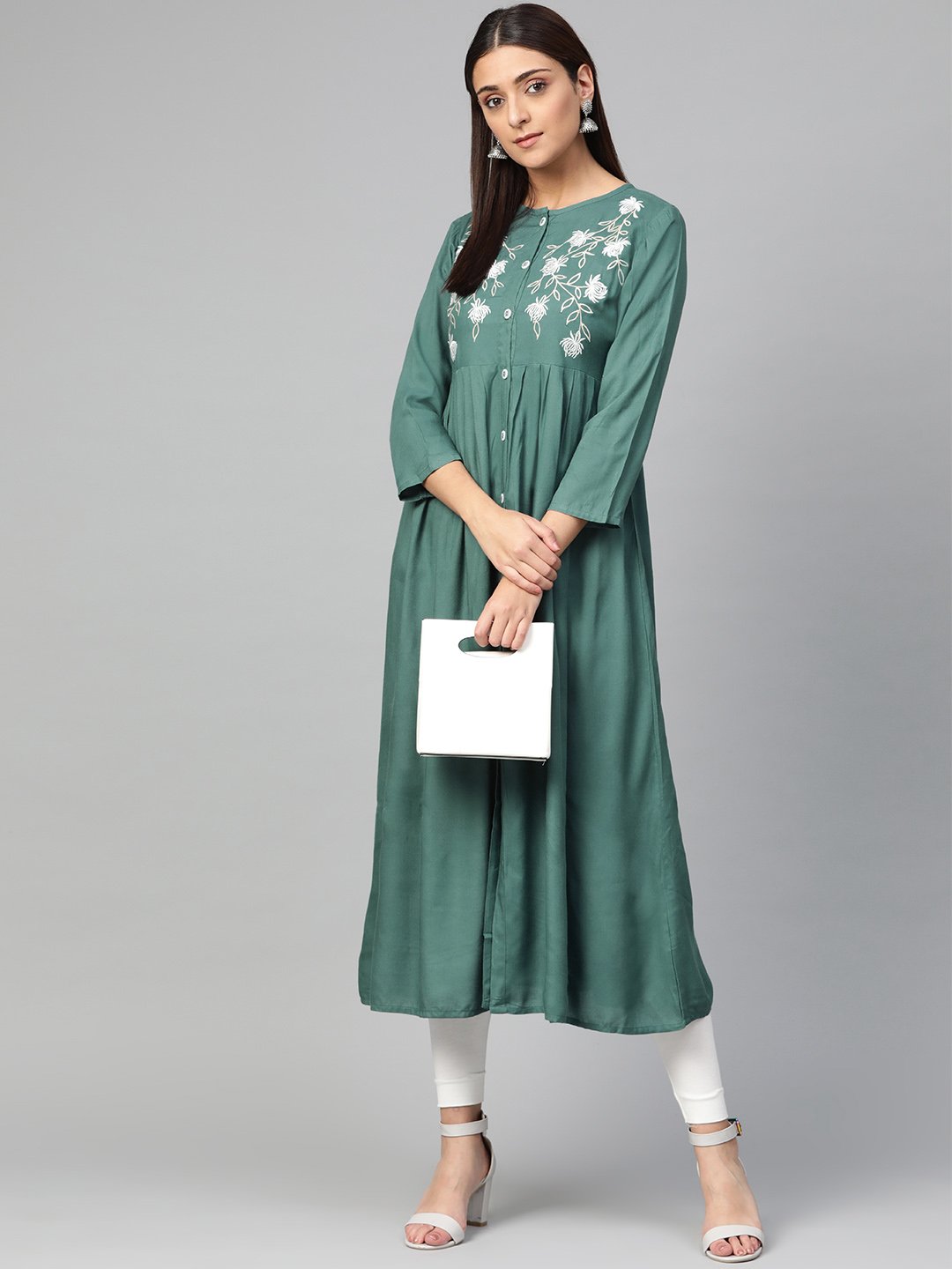 Jompers Women Green & White Yoke Design A-Line Kurta (Teal) - Distacart