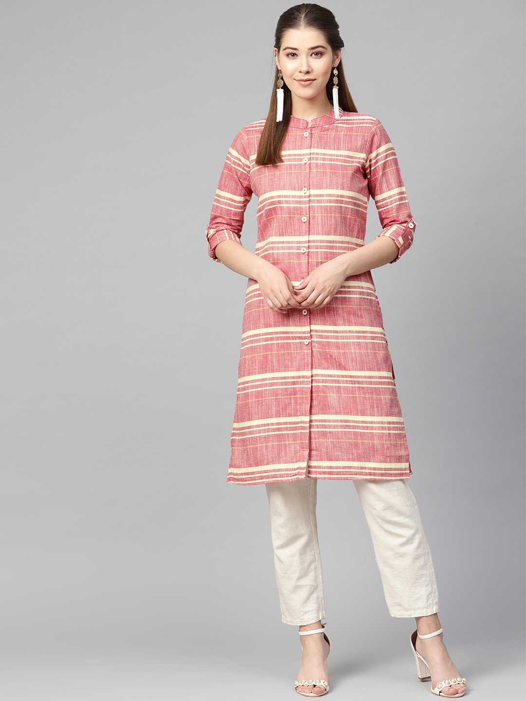 Jompers Women Red & Yellow Self-Striped Straight Kurta - Distacart