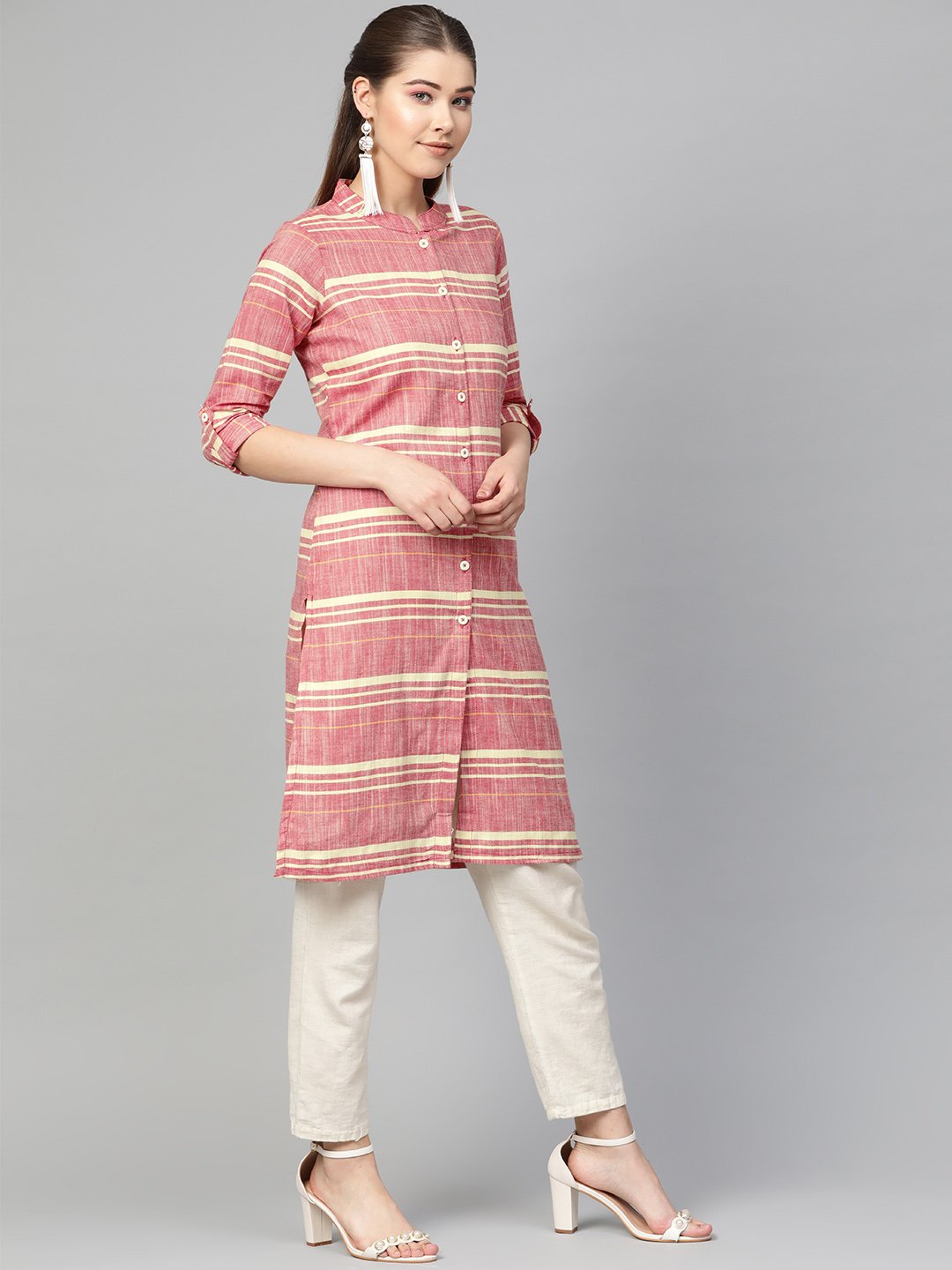 Jompers Women Red & Yellow Self-Striped Straight Kurta - Distacart