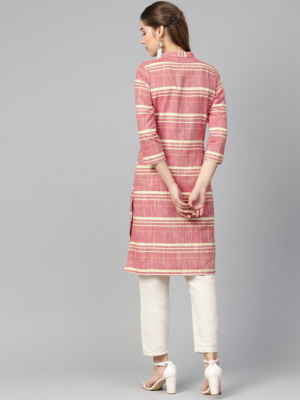 Jompers Women Red & Yellow Self-Striped Straight Kurta - Distacart