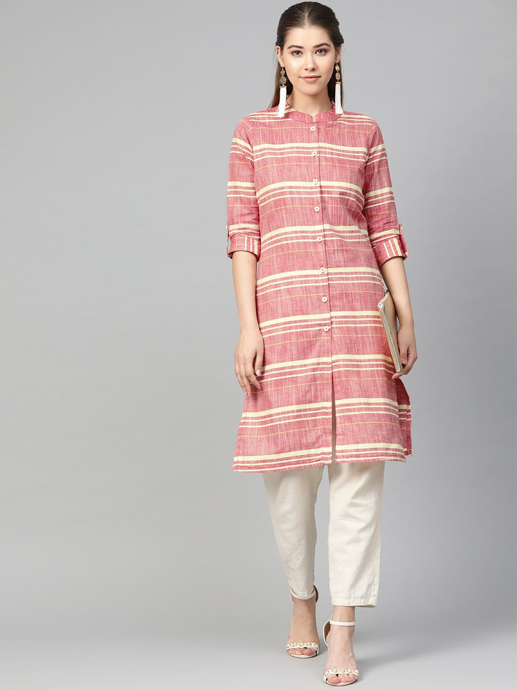 Jompers Women Red & Yellow Self-Striped Straight Kurta - Distacart