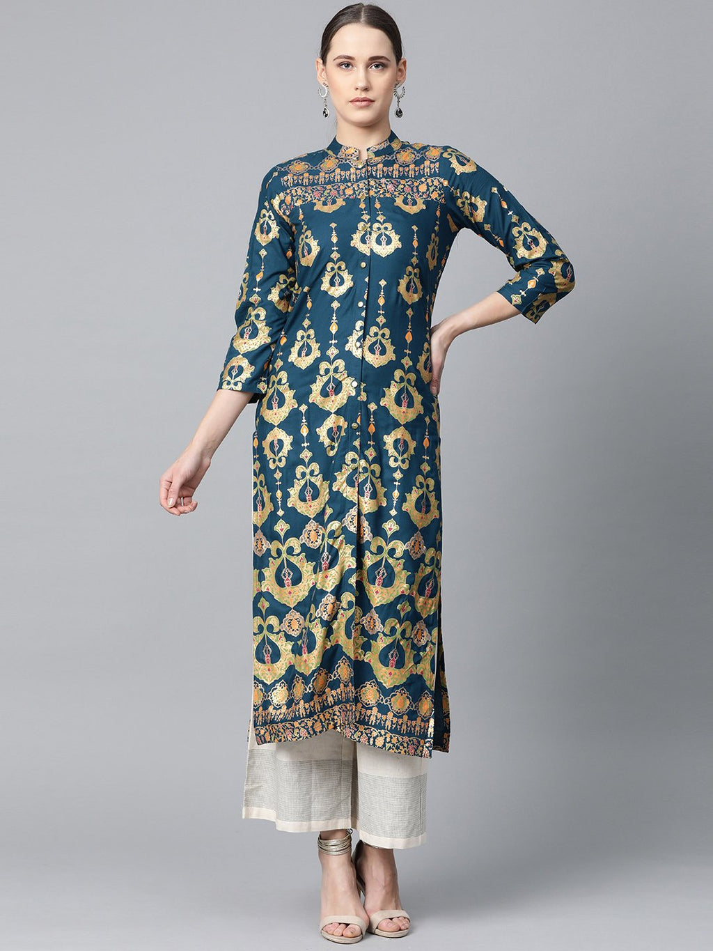 Jompers Women Teal Blue & Fluorescent Green Printed Straight Kurta - Distacart