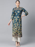 Jompers Women Teal Blue & Fluorescent Green Printed Straight Kurta - Distacart