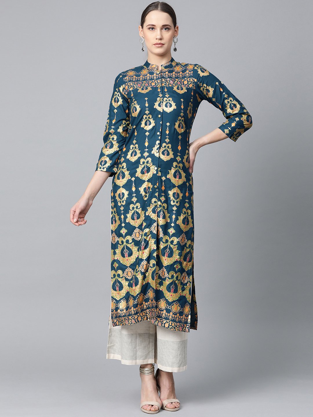 Jompers Women Teal Blue & Fluorescent Green Printed Straight Kurta - Distacart