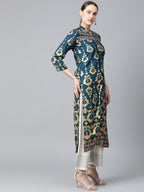 Jompers Women Teal Blue & Fluorescent Green Printed Straight Kurta - Distacart