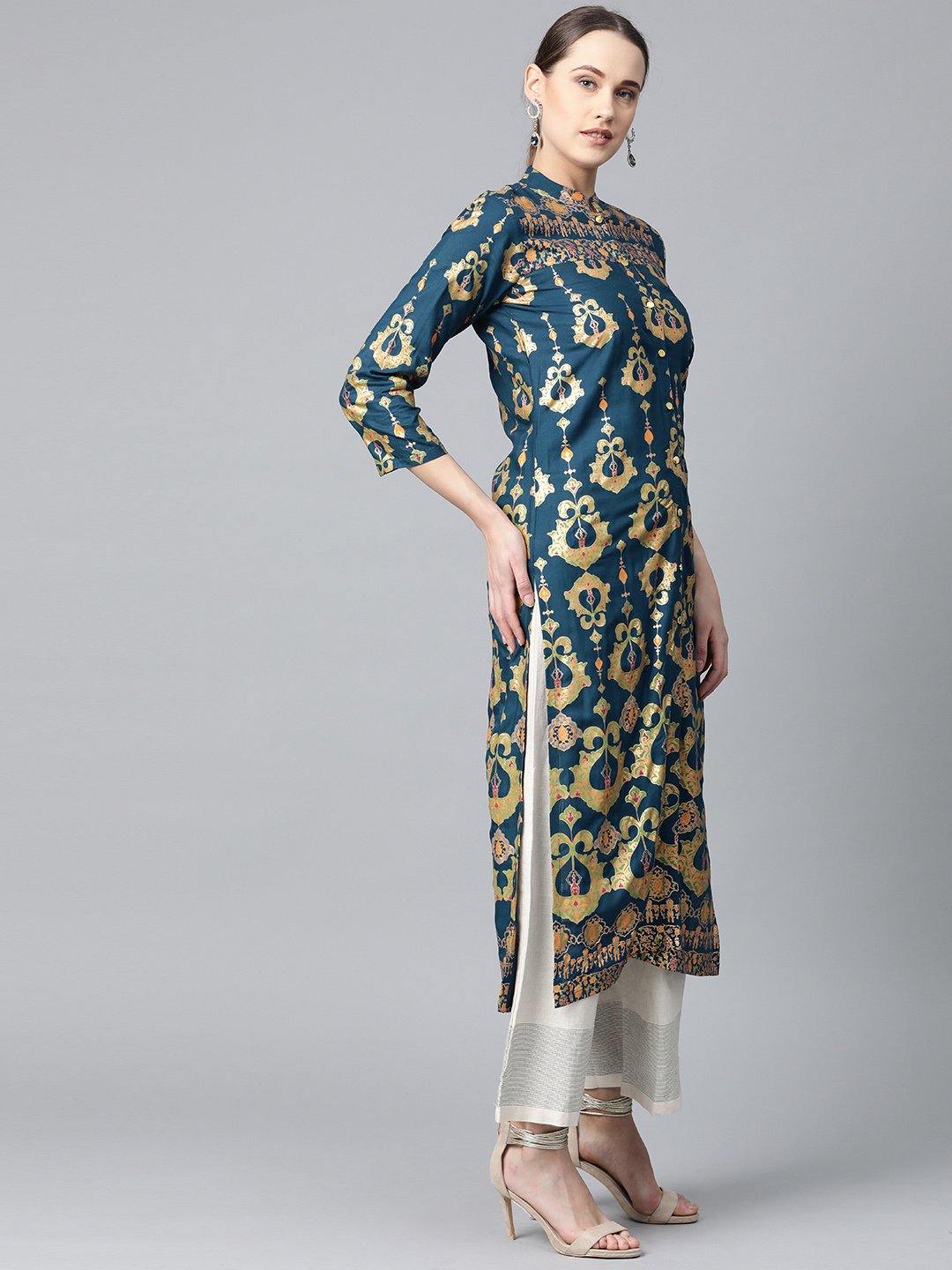 Jompers Women Teal Blue & Fluorescent Green Printed Straight Kurta - Distacart