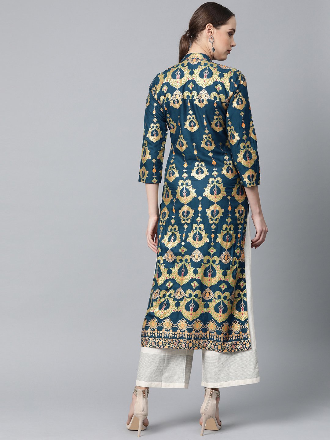 Jompers Women Teal Blue & Fluorescent Green Printed Straight Kurta - Distacart