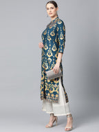 Jompers Women Teal Blue & Fluorescent Green Printed Straight Kurta - Distacart