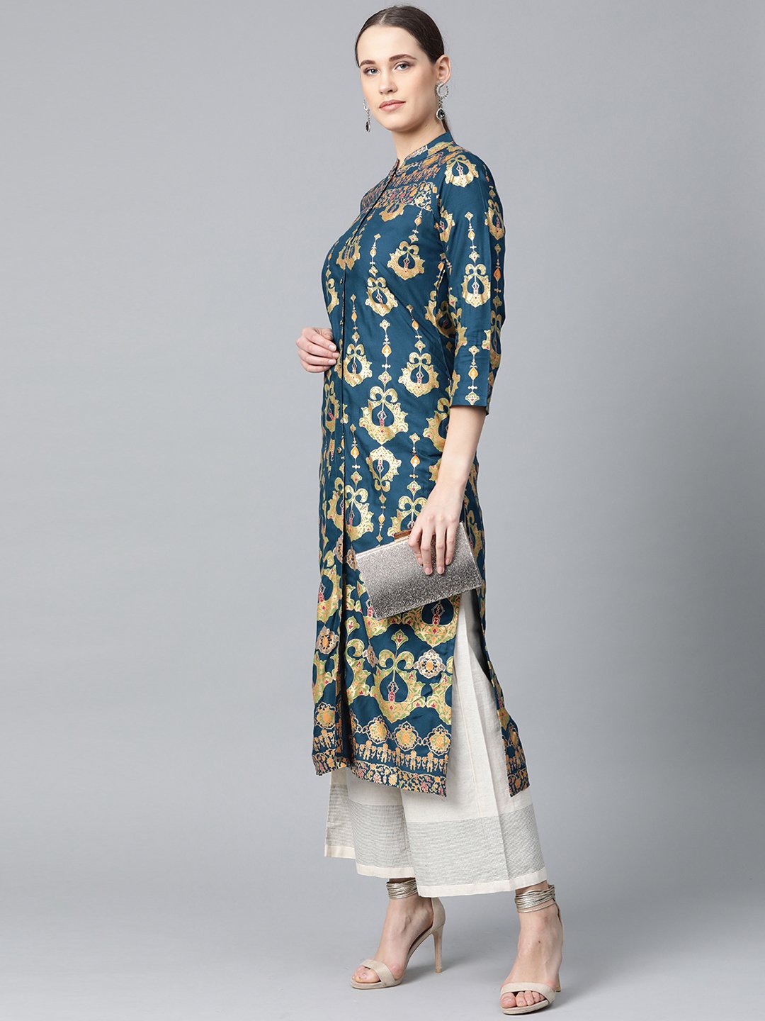 Jompers Women Teal Blue & Fluorescent Green Printed Straight Kurta - Distacart