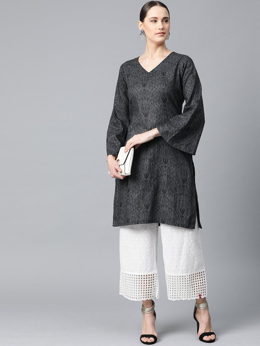 Jompers Women Charcoal Grey & Black Printed Straight Kurta - Distacart