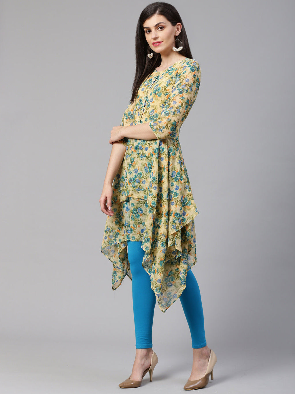Jompers Women Beige & Blue Floral Printed A-Line Kurta - Distacart