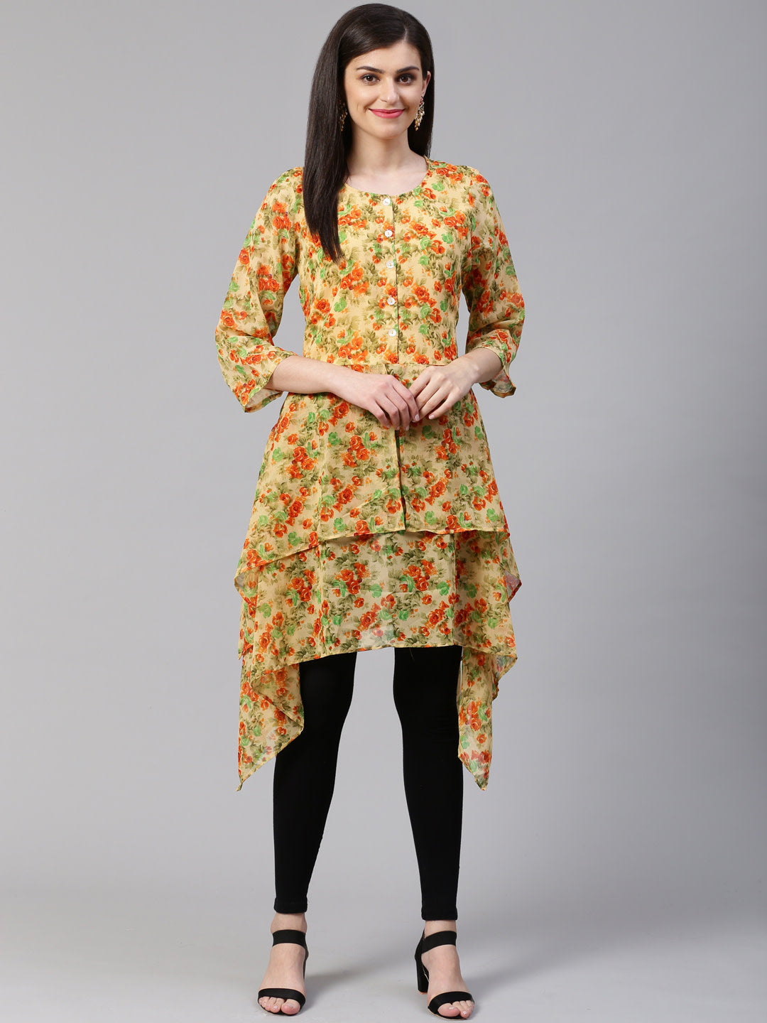 Jompers Women Beige & Orange Floral Printed A-Line Kurta - Distacart