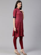 Jompers Women Maroon & Blue Jacquard Woven Design Straight Kurta - Distacart