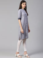 Jompers Women Grey & Blue Jacquard Woven Design Straight Kurta - Distacart