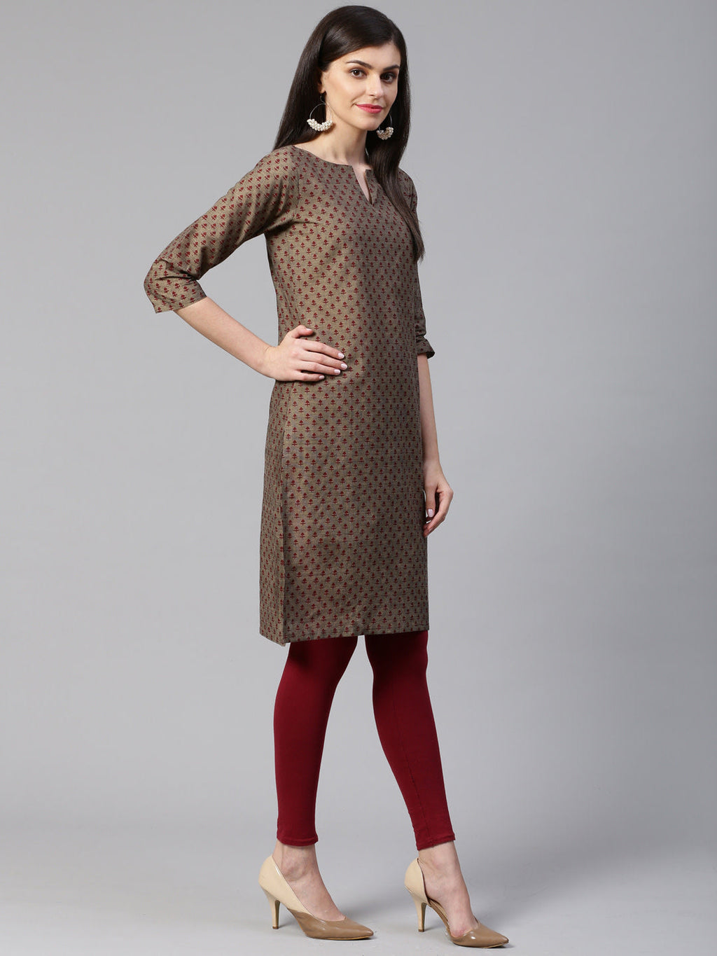 Jompers Women Grey & Maroon Printed Straight Kurta - Distacart