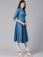 Jompers Women Blue Woven Design Jacquard Weave A-Line Kurta - Distacart