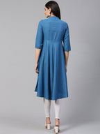 Jompers Women Blue Woven Design Jacquard Weave A-Line Kurta - Distacart