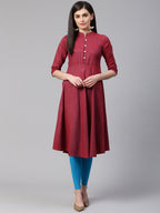 Jompers Women Maroon Woven Design Jacquard Weave A-Line Kurta - Distacart