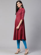 Jompers Women Maroon Woven Design Jacquard Weave A-Line Kurta - Distacart