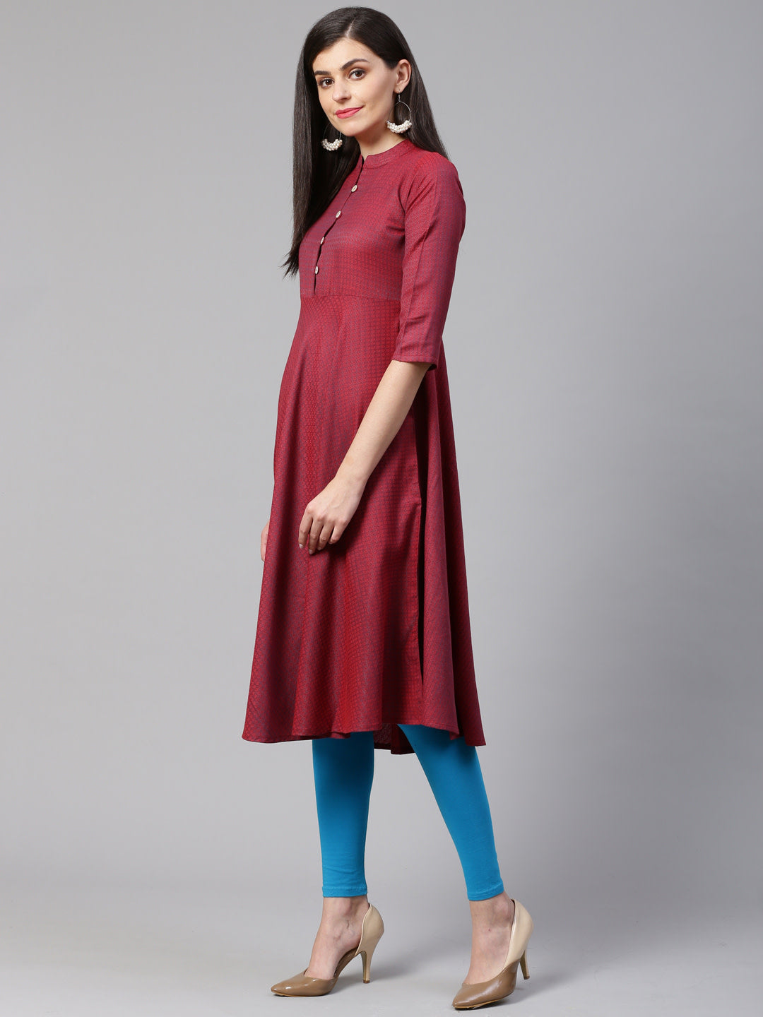 Jompers Women Maroon Woven Design Jacquard Weave A-Line Kurta - Distacart