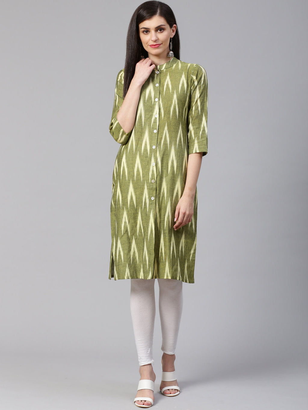 Jompers Women Green & Cream-Coloured Ikkat Woven Design Straight Kurta - Distacart