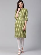 Jompers Women Green & Cream-Coloured Ikkat Woven Design Straight Kurta - Distacart