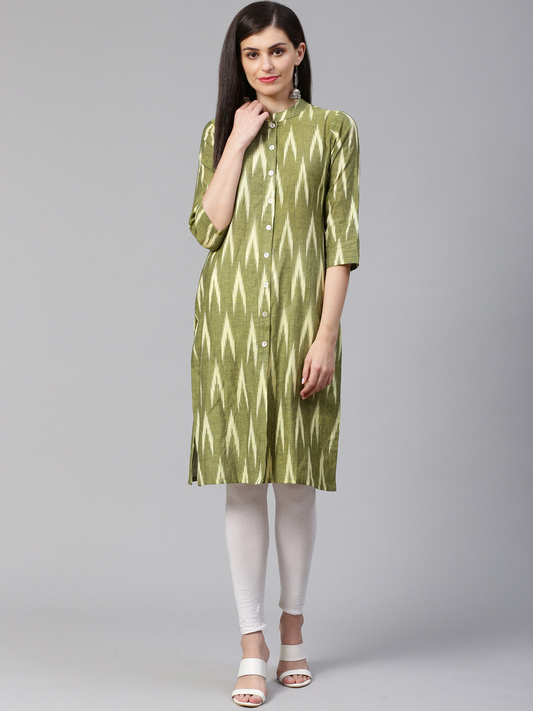 Jompers Women Green & Cream-Coloured Ikkat Woven Design Straight Kurta - Distacart