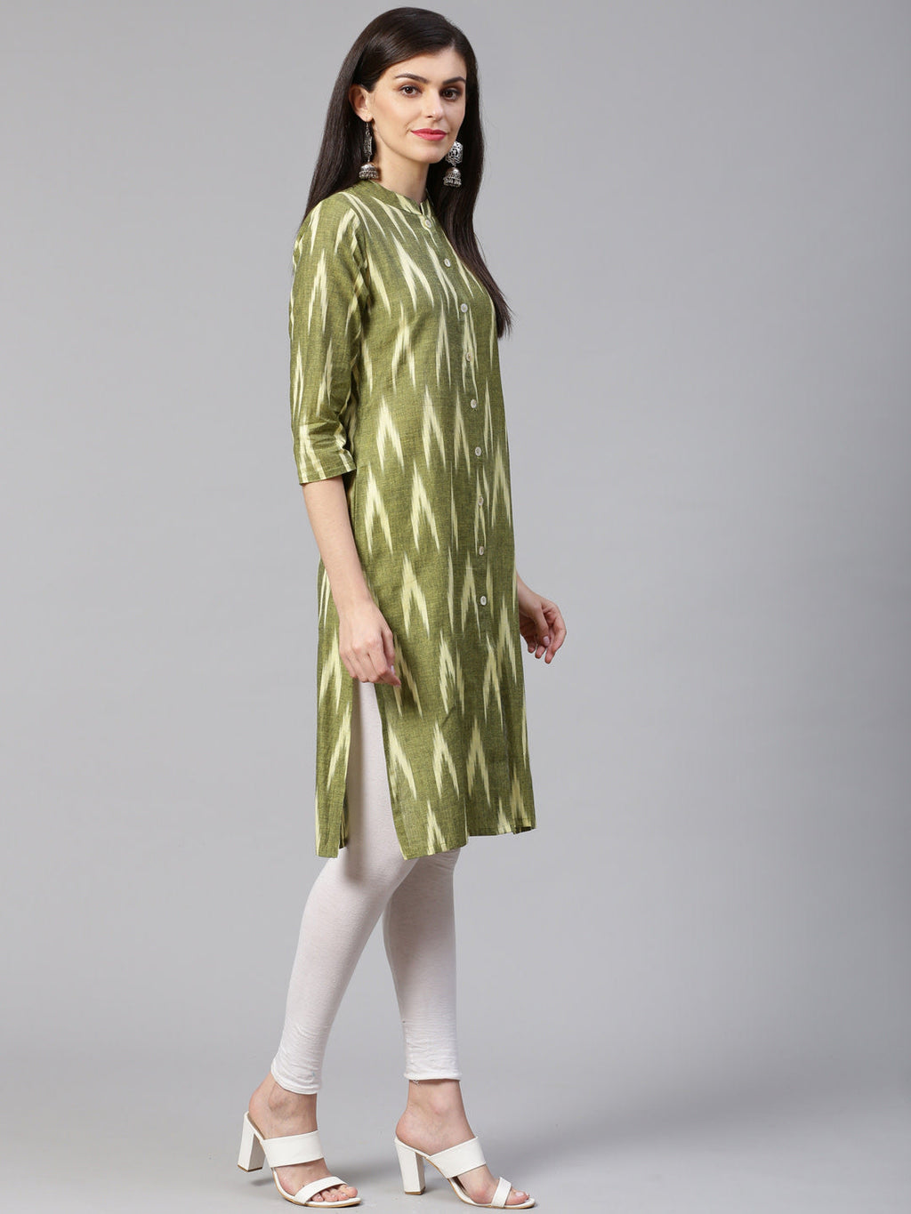 Jompers Women Green & Cream-Coloured Ikkat Woven Design Straight Kurta - Distacart