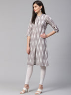 Jompers Women Grey & Cream-Coloured Ikkat Woven Design Straight Kurta - Distacart