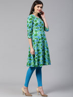 Jompers Women Blue & Green Floral Print Angrakha A-Line Kurta - Distacart