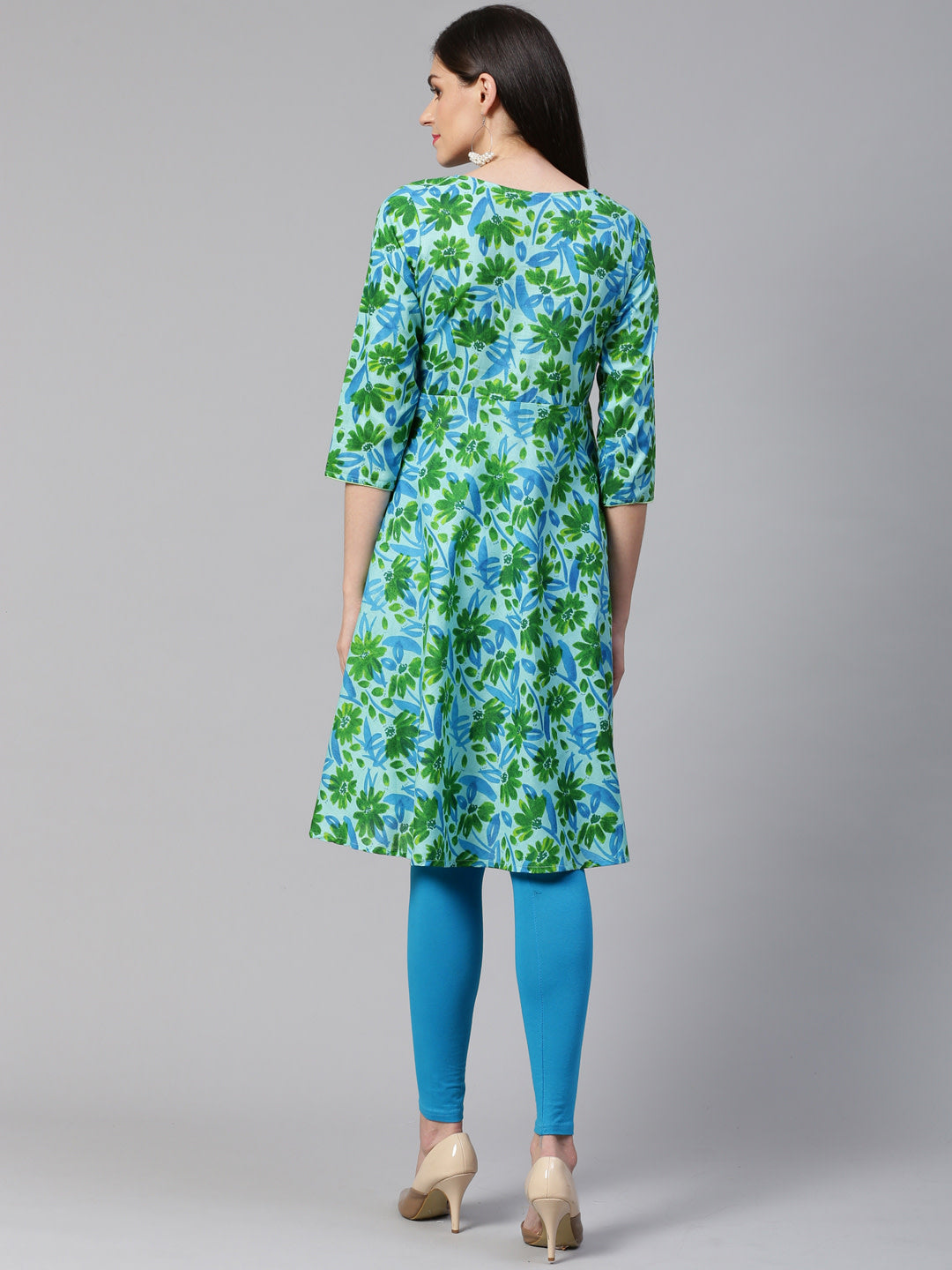 Jompers Women Blue & Green Floral Print Angrakha A-Line Kurta - Distacart