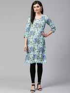 Jompers Women Blue & Green Floral Print Straight Kurta - Distacart