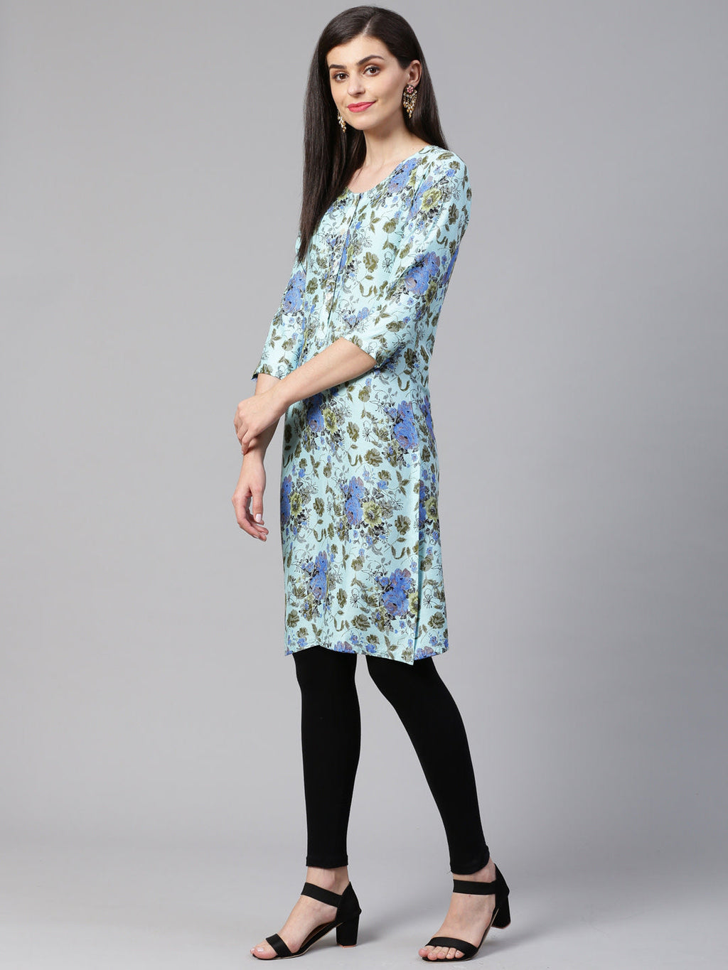 Jompers Women Blue & Green Floral Print Straight Kurta - Distacart