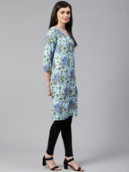Jompers Women Blue & Green Floral Print Straight Kurta - Distacart