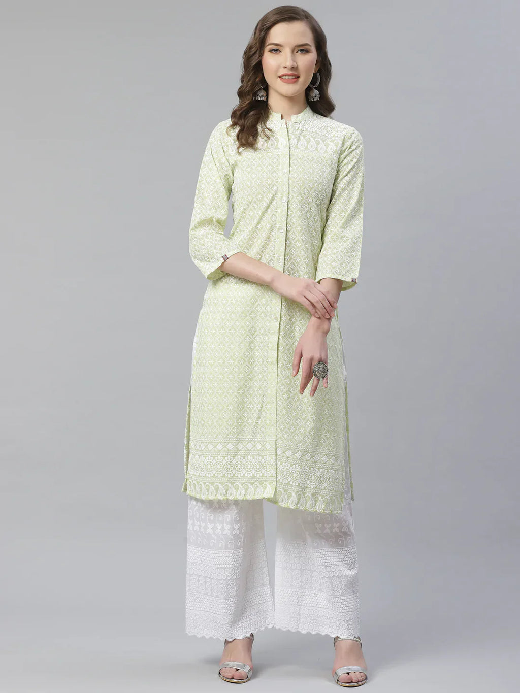 Jompers Women's Lime Green & White Chikankari Embroidered Kurta with Palazzos