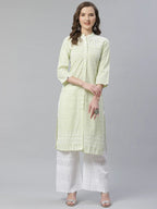 Jompers Women's Lime Green & White Chikankari Embroidered Kurta with Palazzos